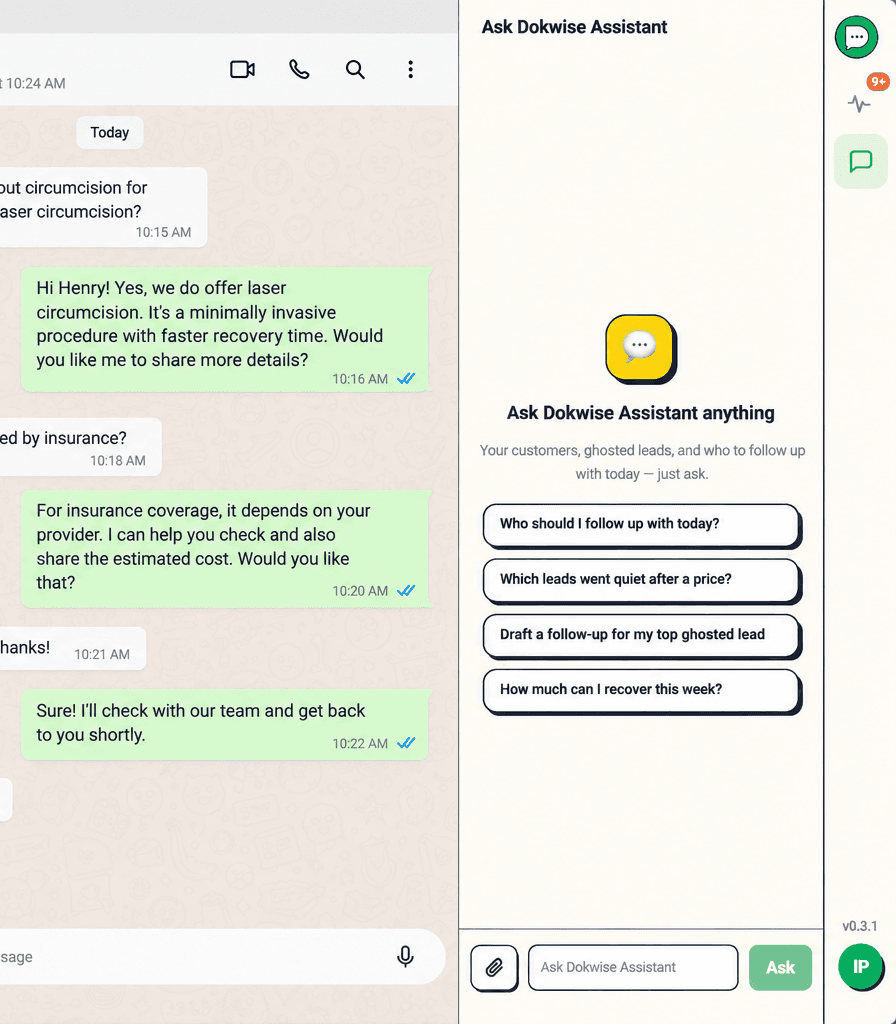The Dokwise Ask panel open beside WhatsApp Web in a browser
