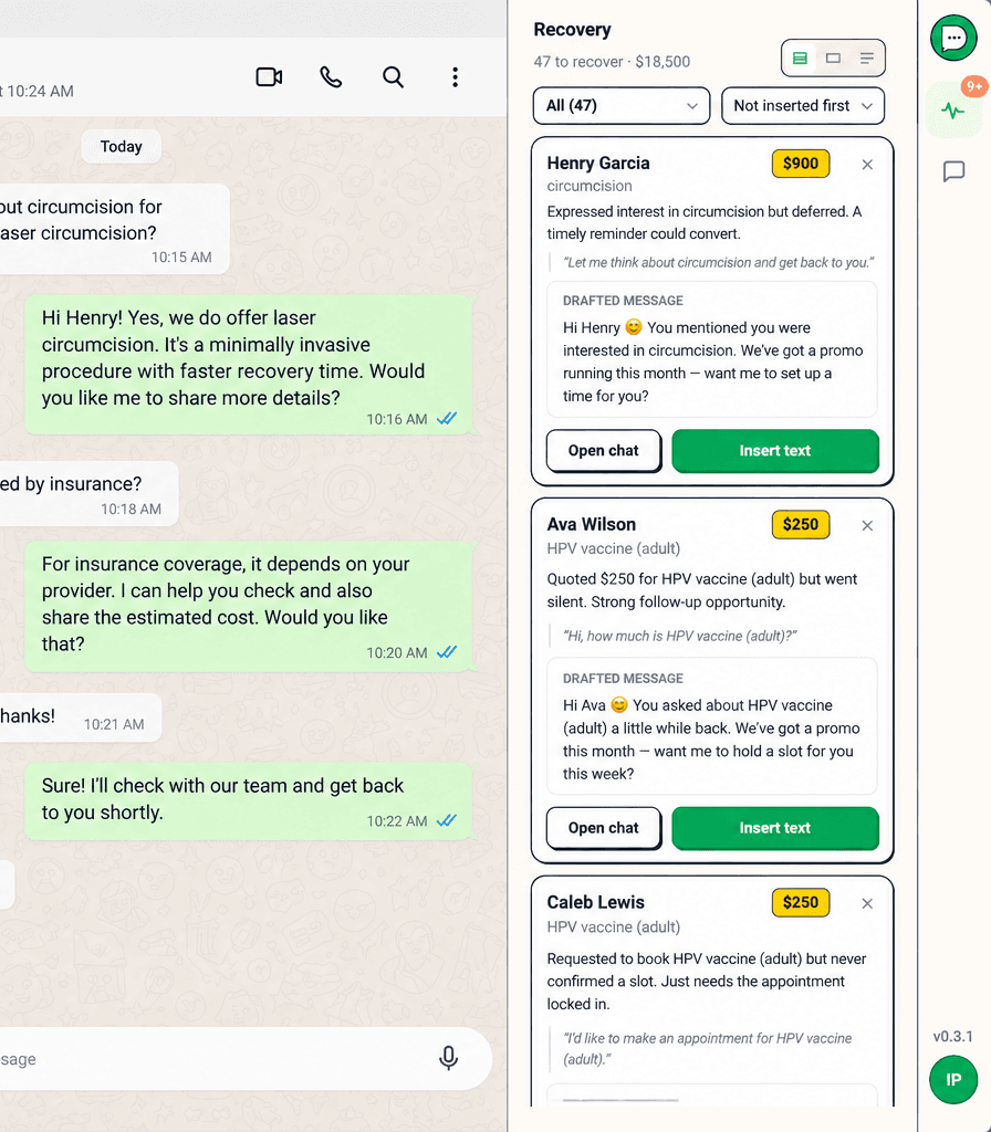 The Dokwise panel listing drafted follow-up messages next to WhatsApp Web