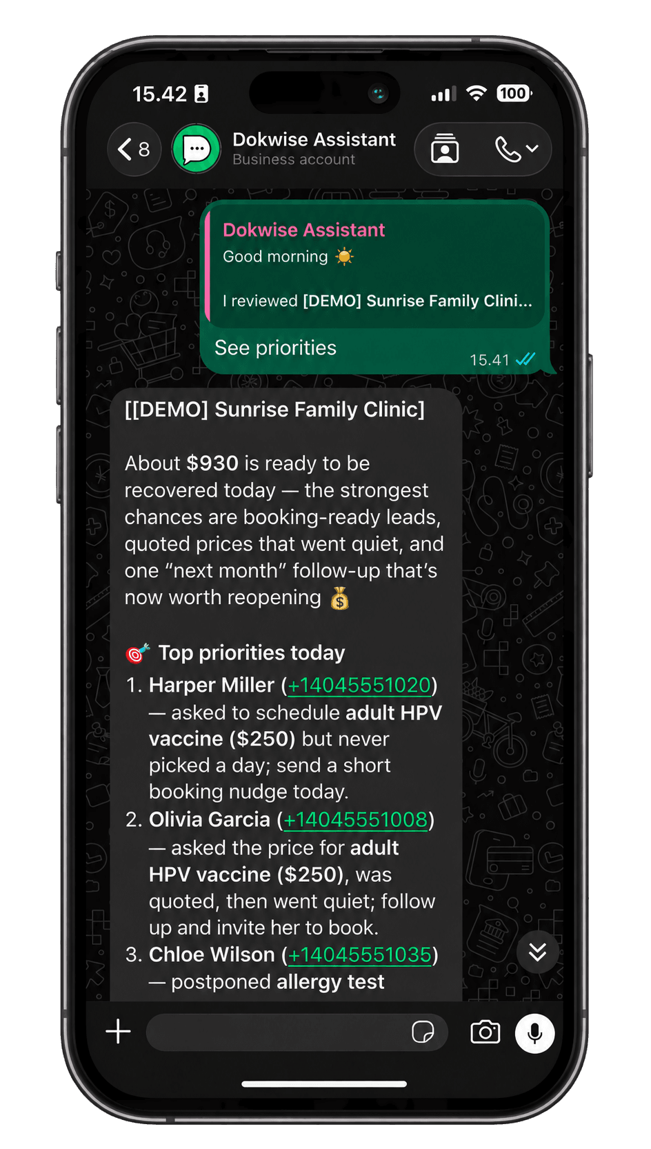 Dokwise sending the morning briefing as a WhatsApp message on a phone